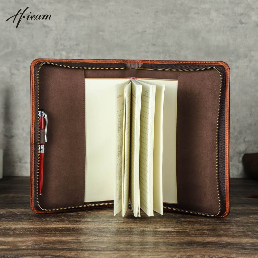 Journal Leather Hardcover - Tas genggam ritsleting kulit asli Retro